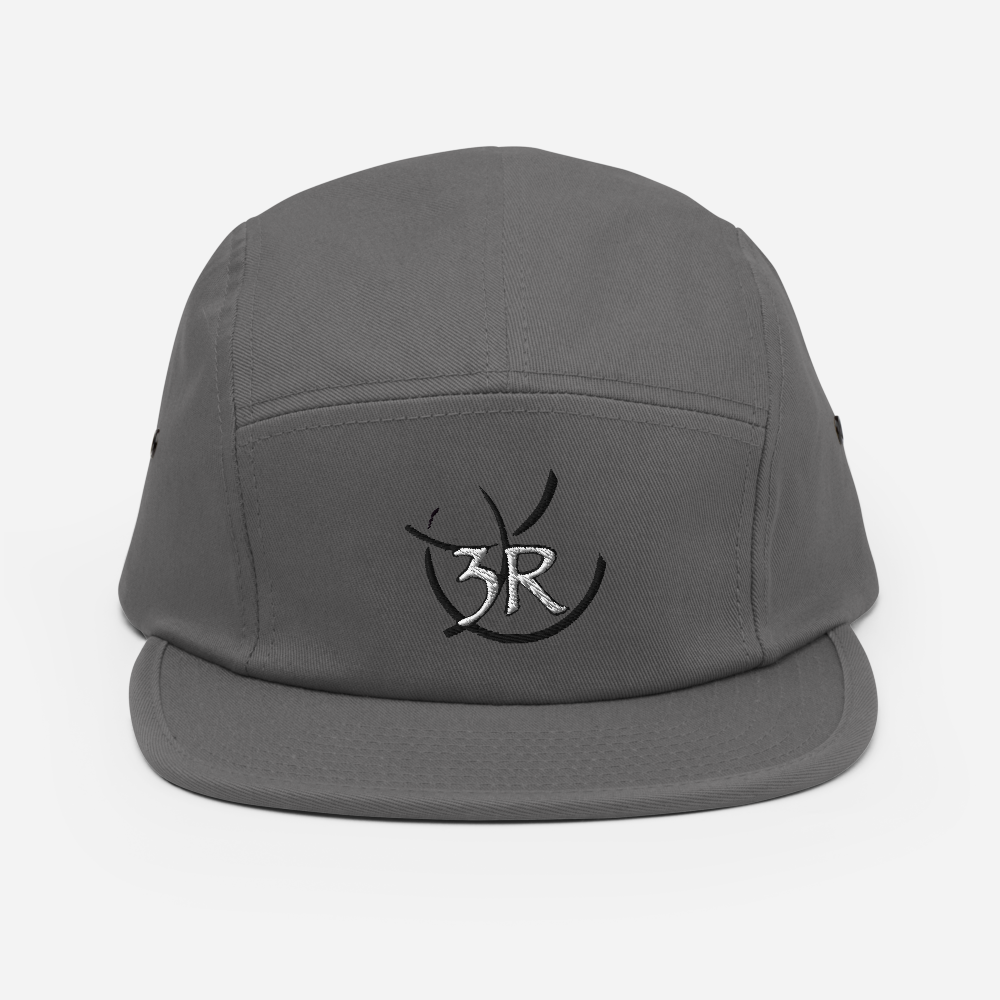 THR33 RINGS double-embroidered five-panel cap — grey front product view