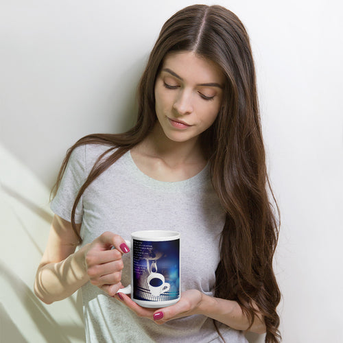 A Love Poem THR33 RINGS white glossy mug — women's lifestyle view